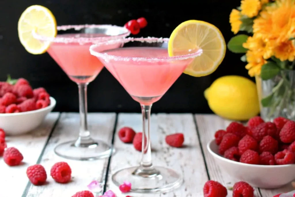 two-pink-lemon-drop-martinis-garnished-with-fresh-lemon-and-raspberries-on-white-wooden-table-