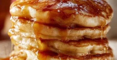 Fluffy apple cinnamon pancakes topped with fresh apple slices and cinnamon.