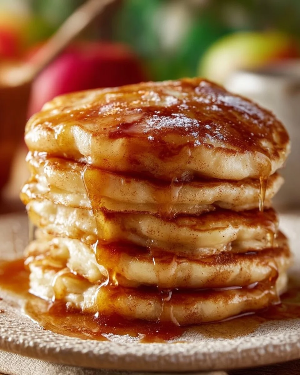 Fluffy apple cinnamon pancakes topped with fresh apple slices and cinnamon.