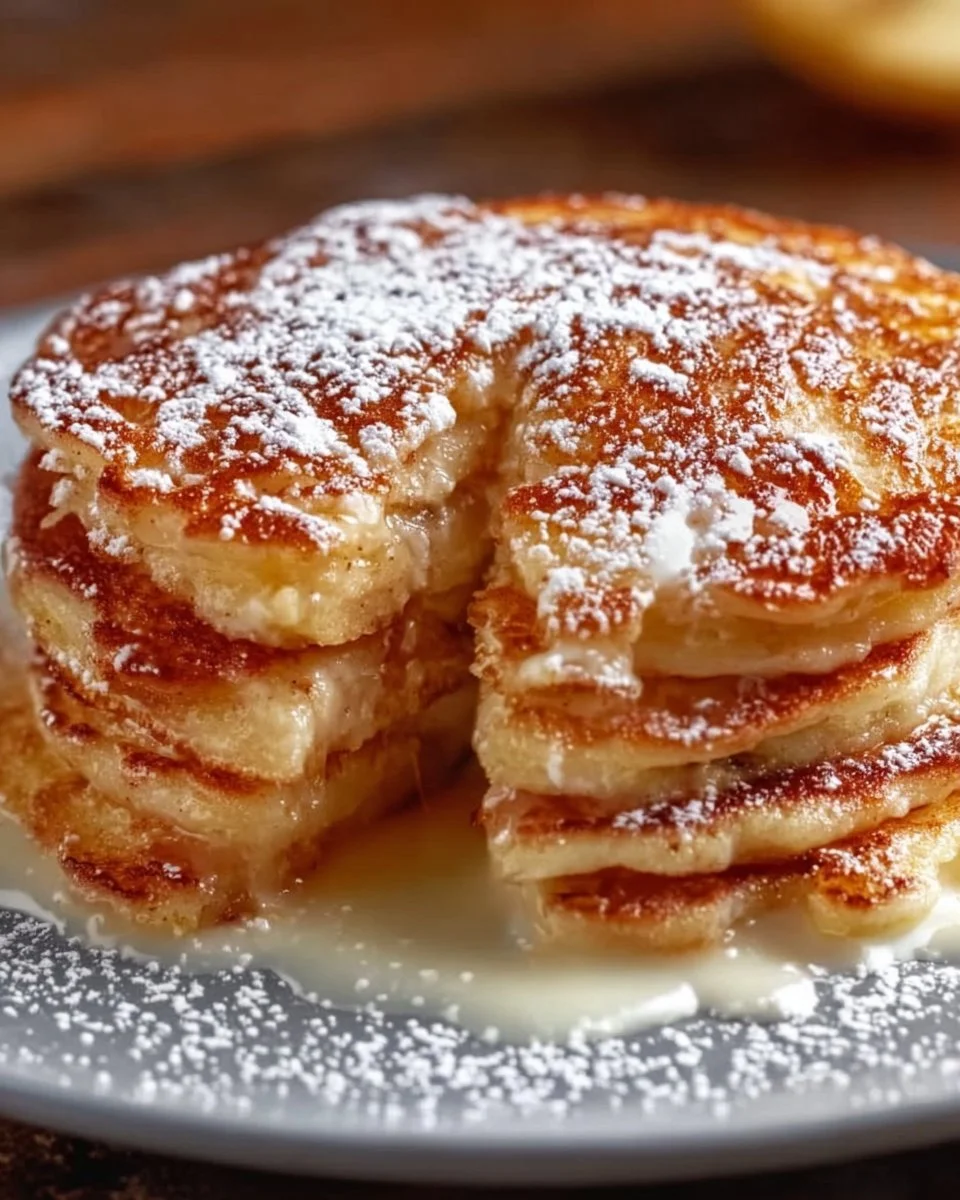 Delicious apple yogurt pancakes stacked with syrup on top