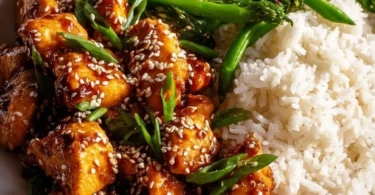 High Protein Sesame Chicken served with vegetables and sesame seeds