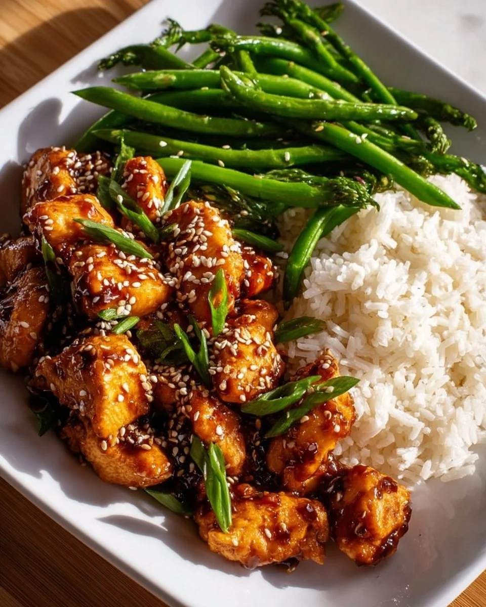 High Protein Sesame Chicken served with vegetables and sesame seeds