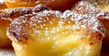 Baby Lemon Impossible Pies on a plate with fresh lemons