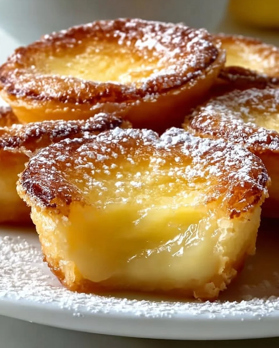 Baby Lemon Impossible Pies on a plate with fresh lemons