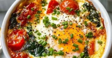 Delicious baked feta eggs served in a rustic dish, topped with herbs and vegetables.