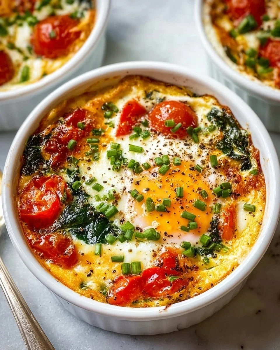 Delicious baked feta eggs served in a rustic dish, topped with herbs and vegetables.