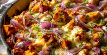 BBQ chicken sweet potato skillet topped with fresh herbs and spices