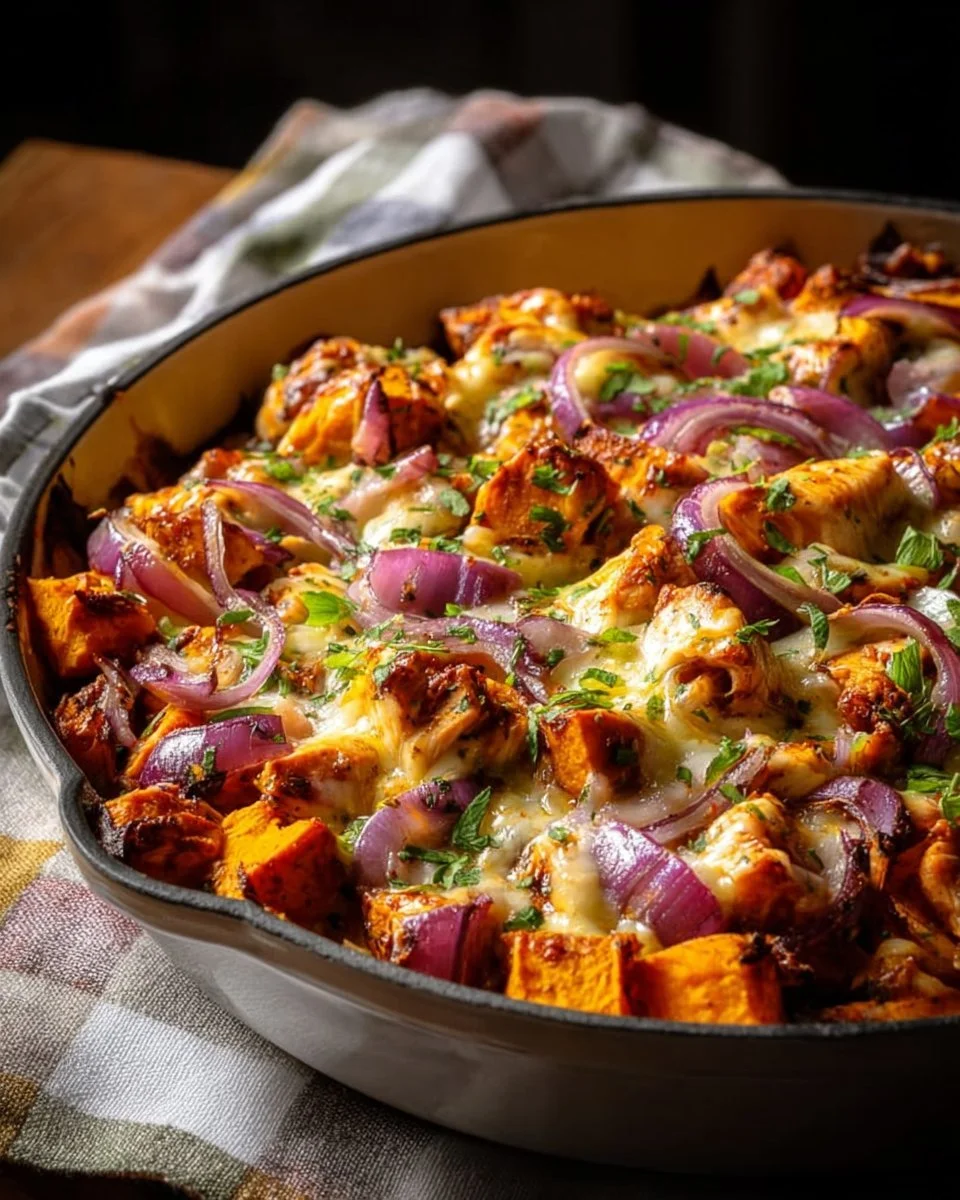 BBQ chicken sweet potato skillet topped with fresh herbs and spices