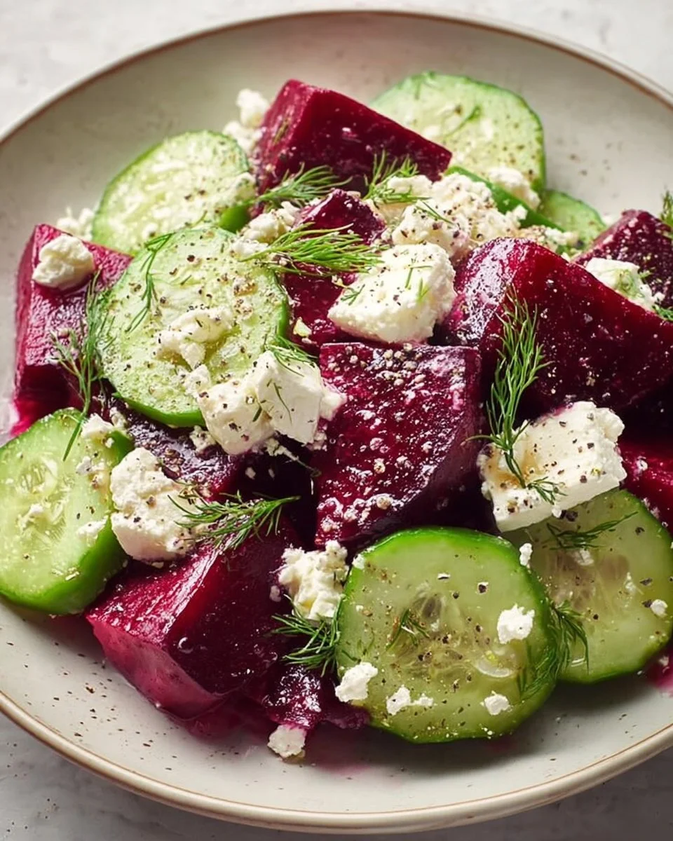 Colorful Beet Feta Salad with greens, feta cheese, and dressing