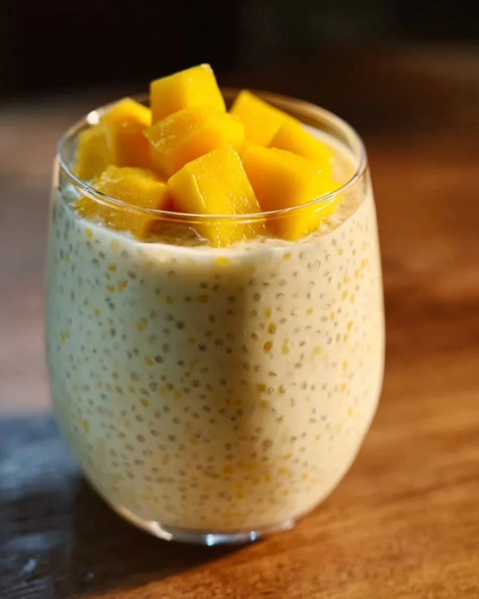 Delicious creamy mango sago dessert with fresh mango chunks and sago pearls.