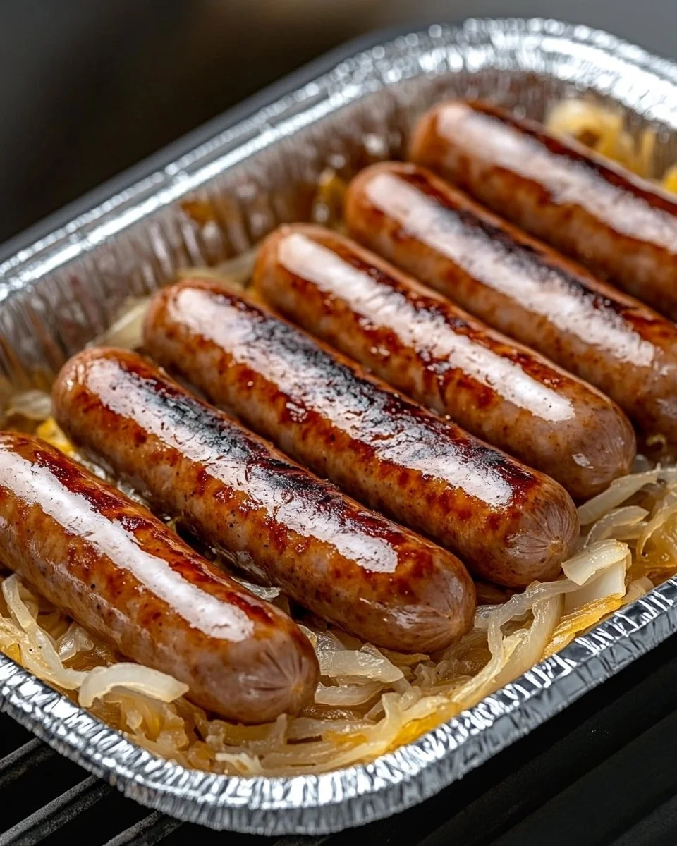 Grilled bratwurst with sauerkraut on a plate