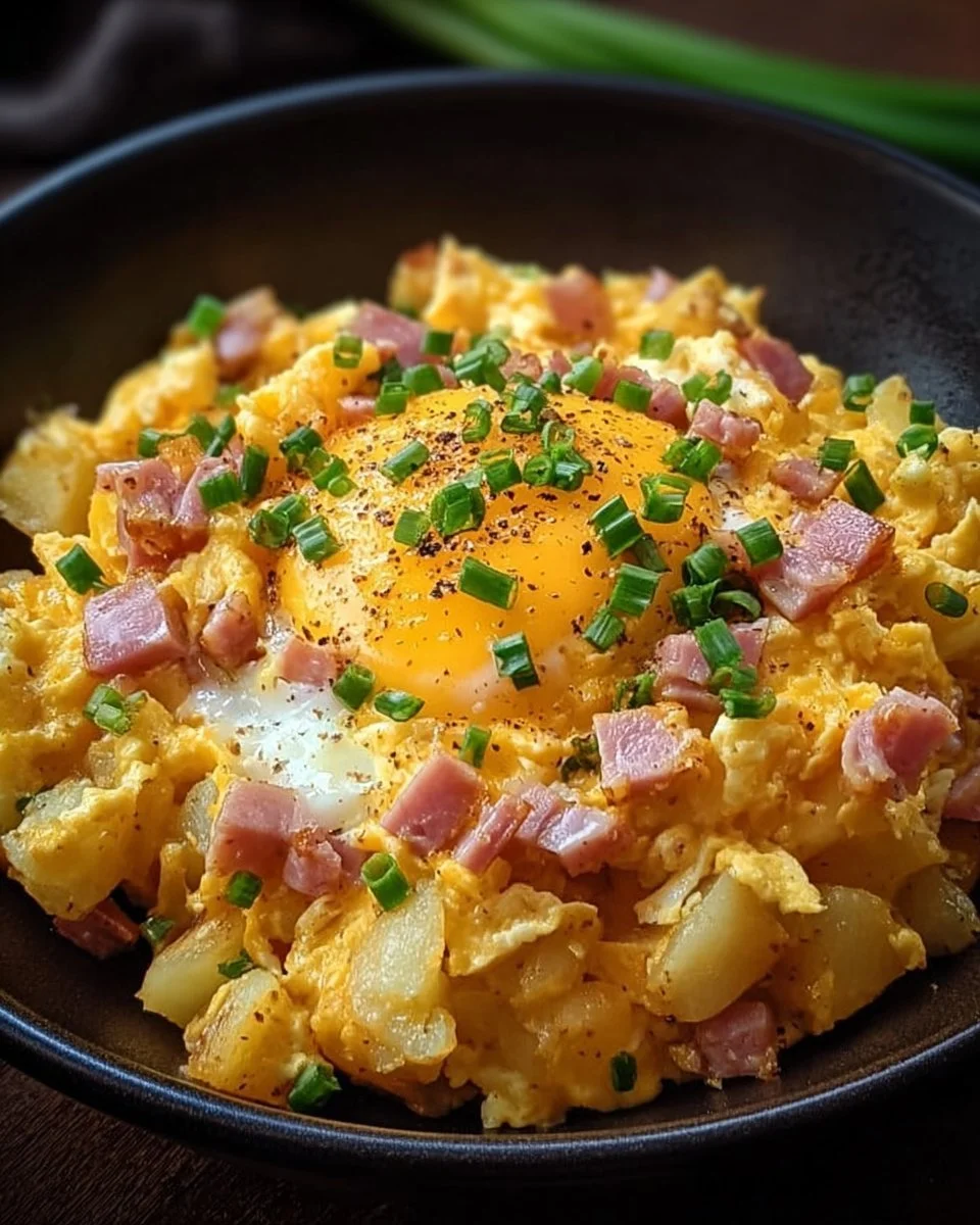 Cheesy potato egg scramble topped with herbs and cheese