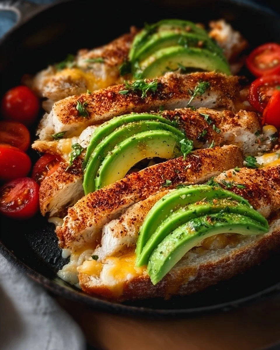 Delicious Chicken Avocado Melt Sandwich with toasted bread and fresh ingredients