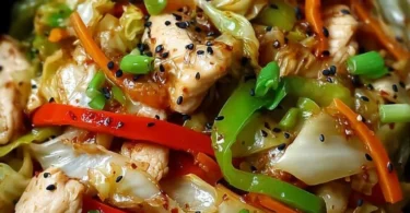 Chicken Cabbage Stir-Fry with colorful veggies in a bowl.