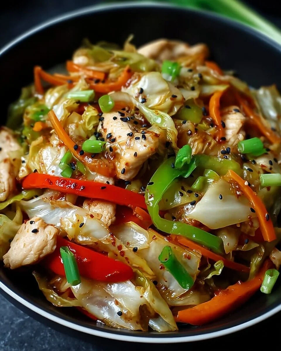 Chicken Cabbage Stir-Fry with colorful veggies in a bowl.
