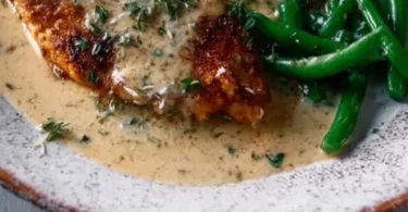 Delicious chicken schnitzel served with creamy sauce on a plate