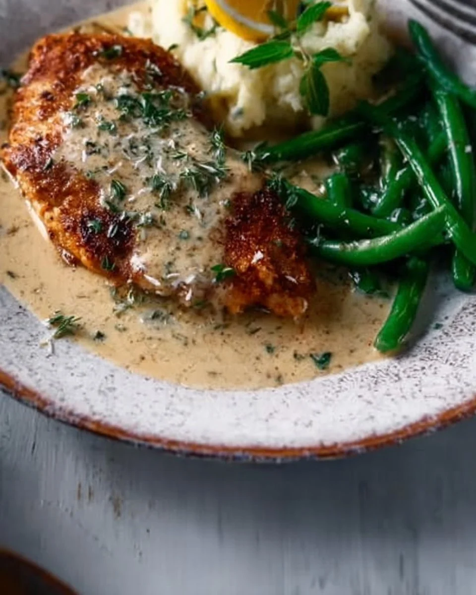 Delicious chicken schnitzel served with creamy sauce on a plate