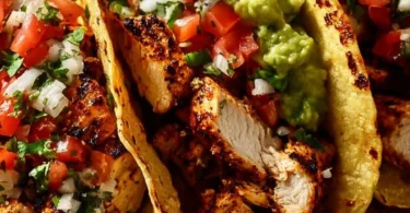 Delicious Chicken Street Tacos served with fresh toppings and salsa