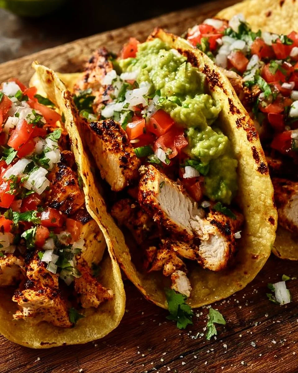 Delicious Chicken Street Tacos served with fresh toppings and salsa