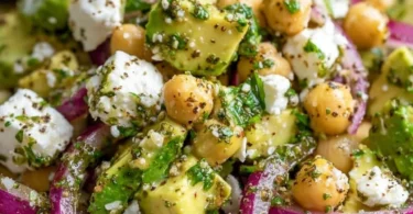 Chickpea Feta Avocado Salad with fresh ingredients in a bowl