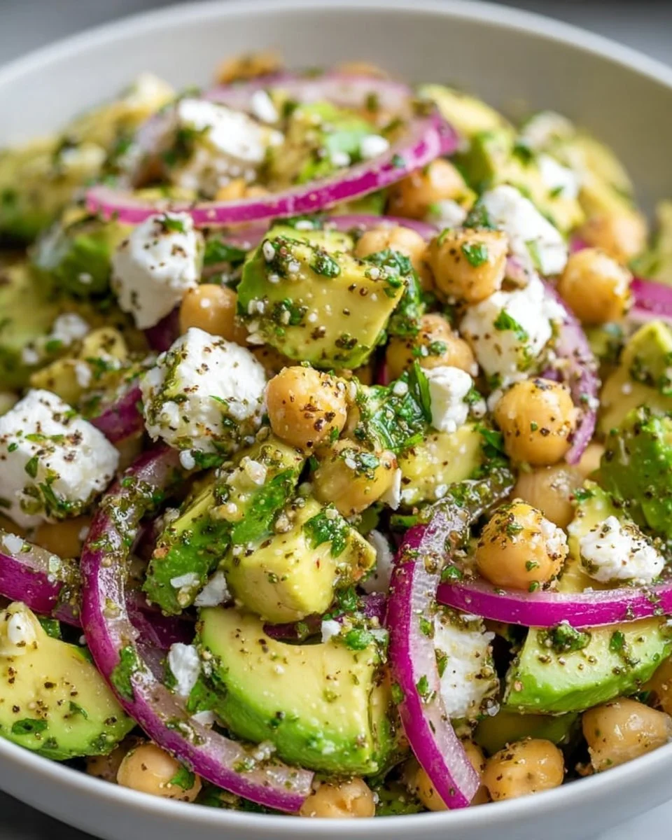 Chickpea Feta Avocado Salad with fresh ingredients in a bowl