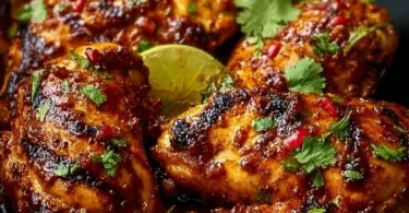 Deliciously grilled Chili Lime Chicken garnished with lime and cilantro