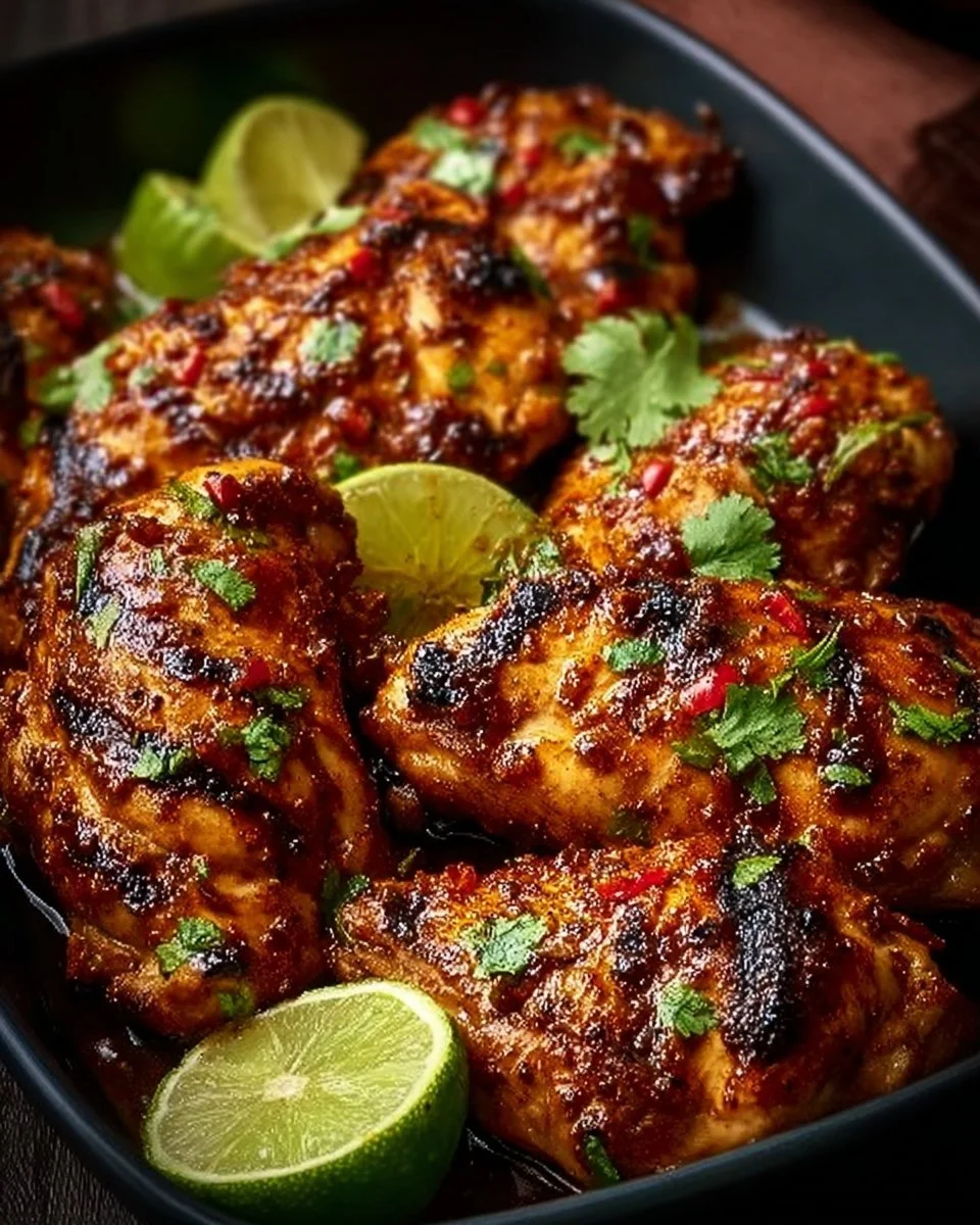 Deliciously grilled Chili Lime Chicken garnished with lime and cilantro