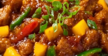 Chinese Style Mango Chicken Stir Fry with colorful vegetables in a wok