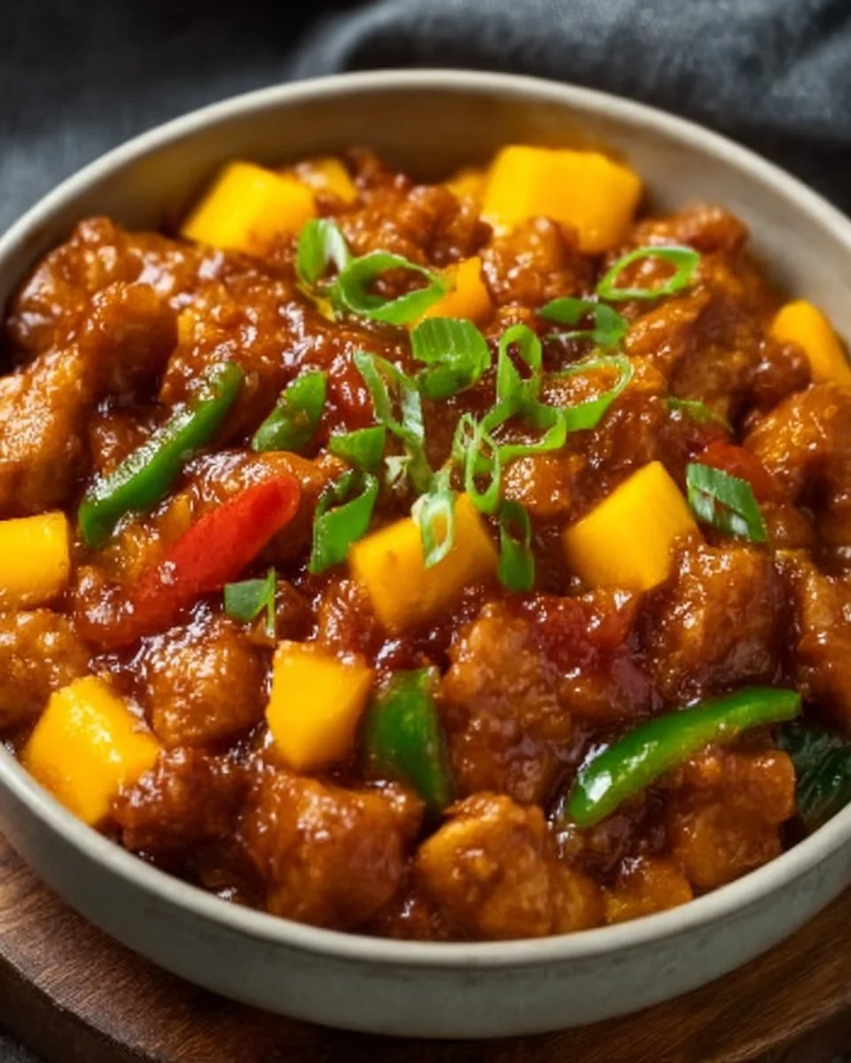 Chinese Style Mango Chicken Stir Fry with colorful vegetables in a wok