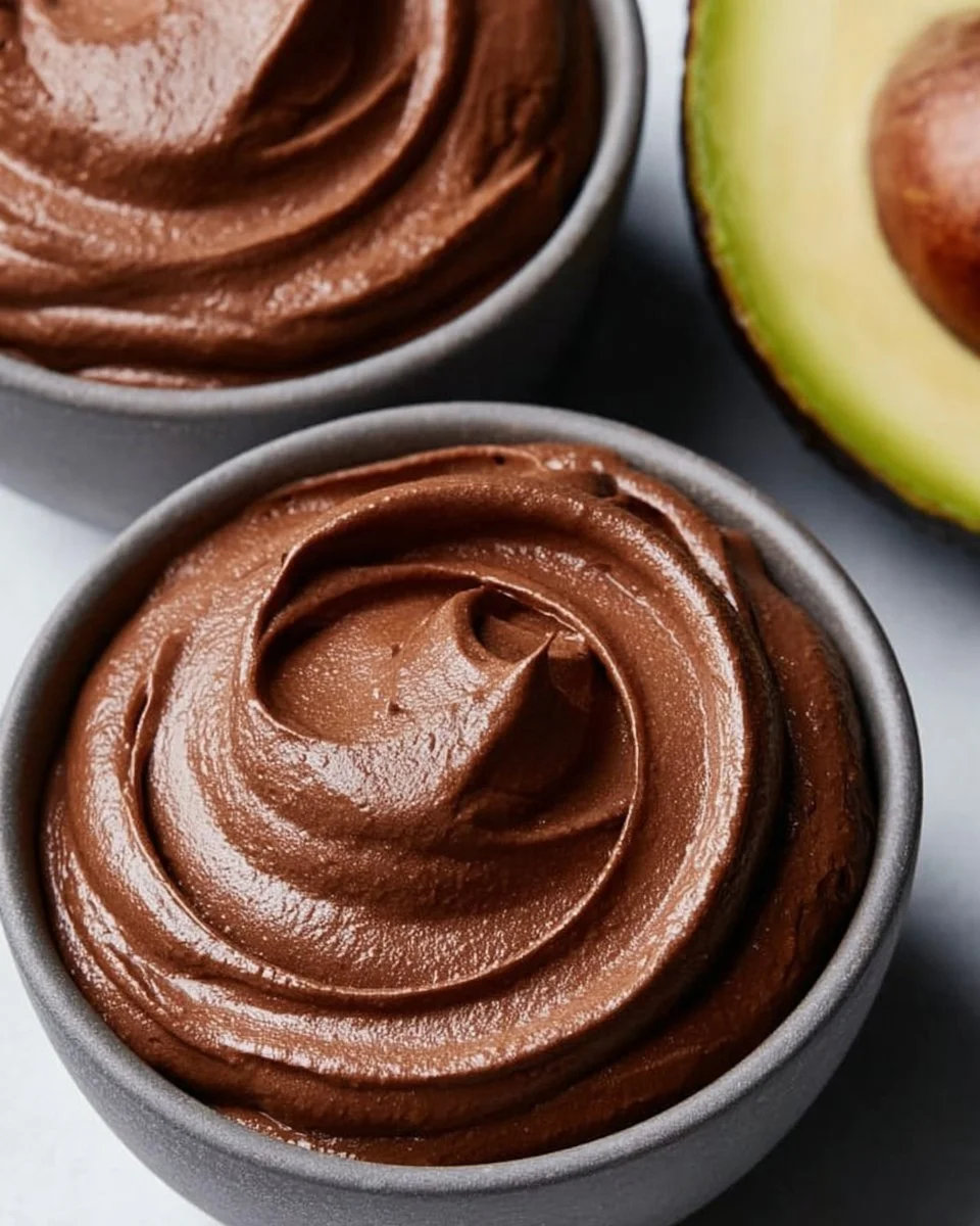 Creamy chocolate mousse topped with avocado and banana slices, a healthy dessert option.