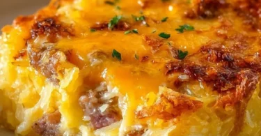 Delicious classic breakfast hashbrown casserole baked to golden perfection