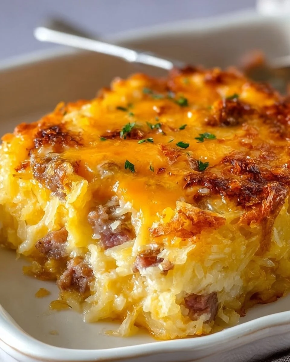 Delicious classic breakfast hashbrown casserole baked to golden perfection