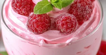 Delicious cottage cheese raspberry mousse topped with fresh raspberries.
