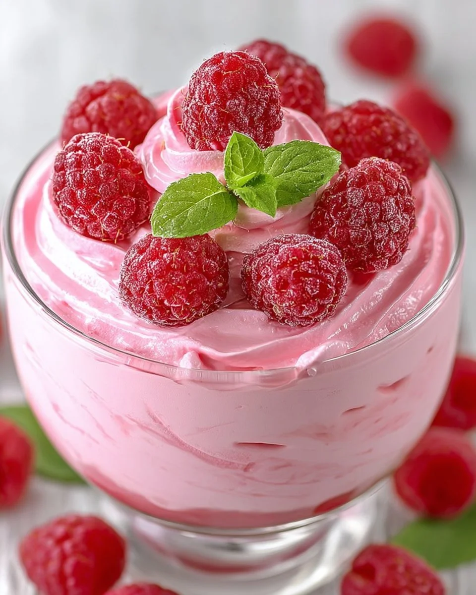 Delicious cottage cheese raspberry mousse topped with fresh raspberries.