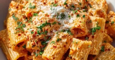 Delicious Cottage Cheese Rigatoni topped with herbs and cheese