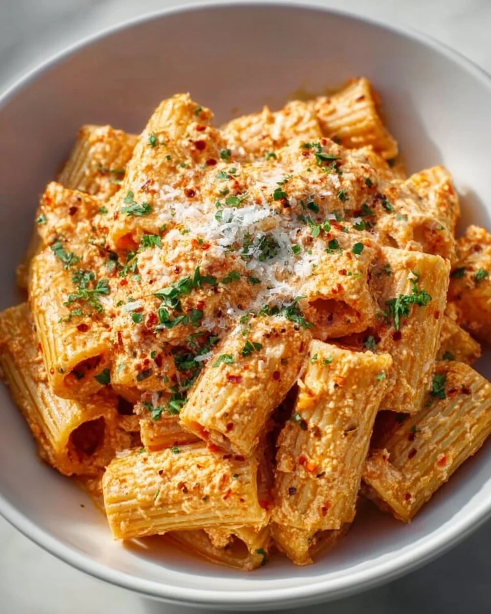 Delicious Cottage Cheese Rigatoni topped with herbs and cheese