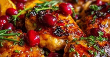 Plate of Cranberry Orange Chicken garnished with fresh herbs