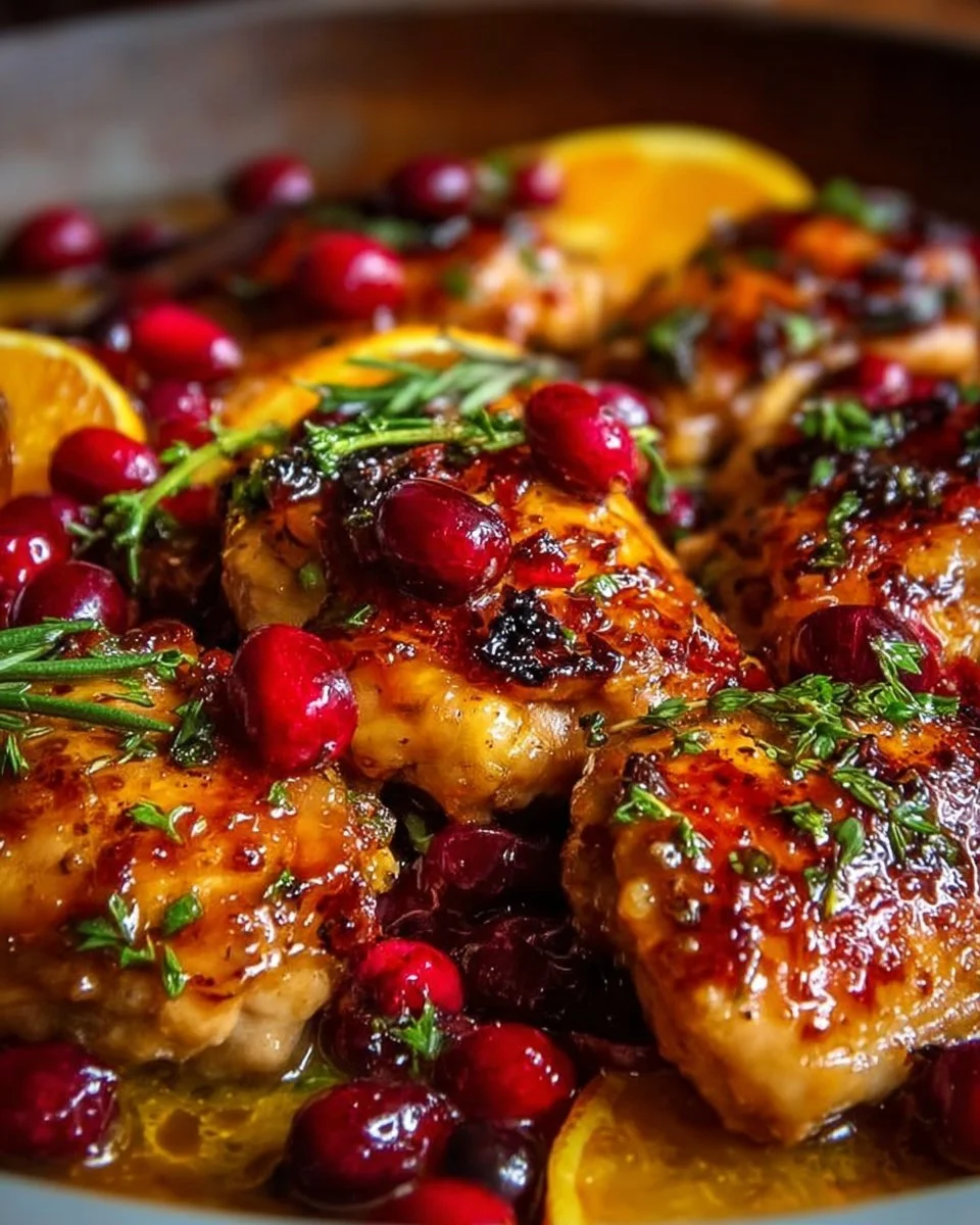 Plate of Cranberry Orange Chicken garnished with fresh herbs