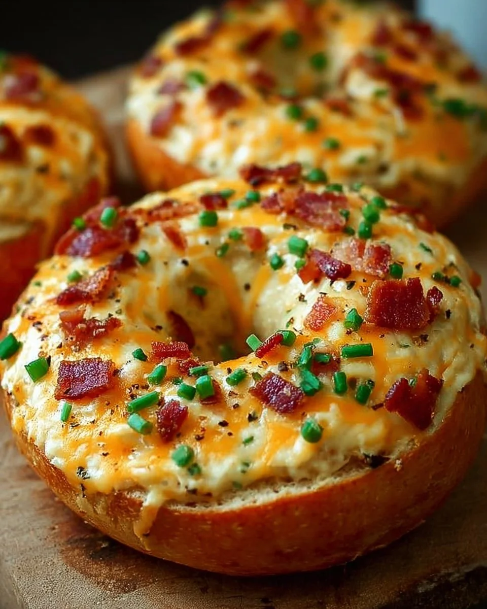 Creamy bacon cheddar bagels stacked on a plate, garnished with herbs.
