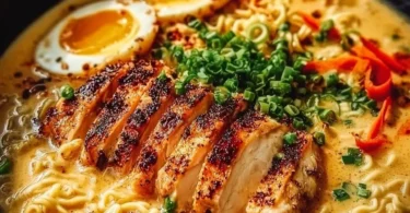 Bowl of creamy garlic chicken ramen topped with green onions and sesame seeds