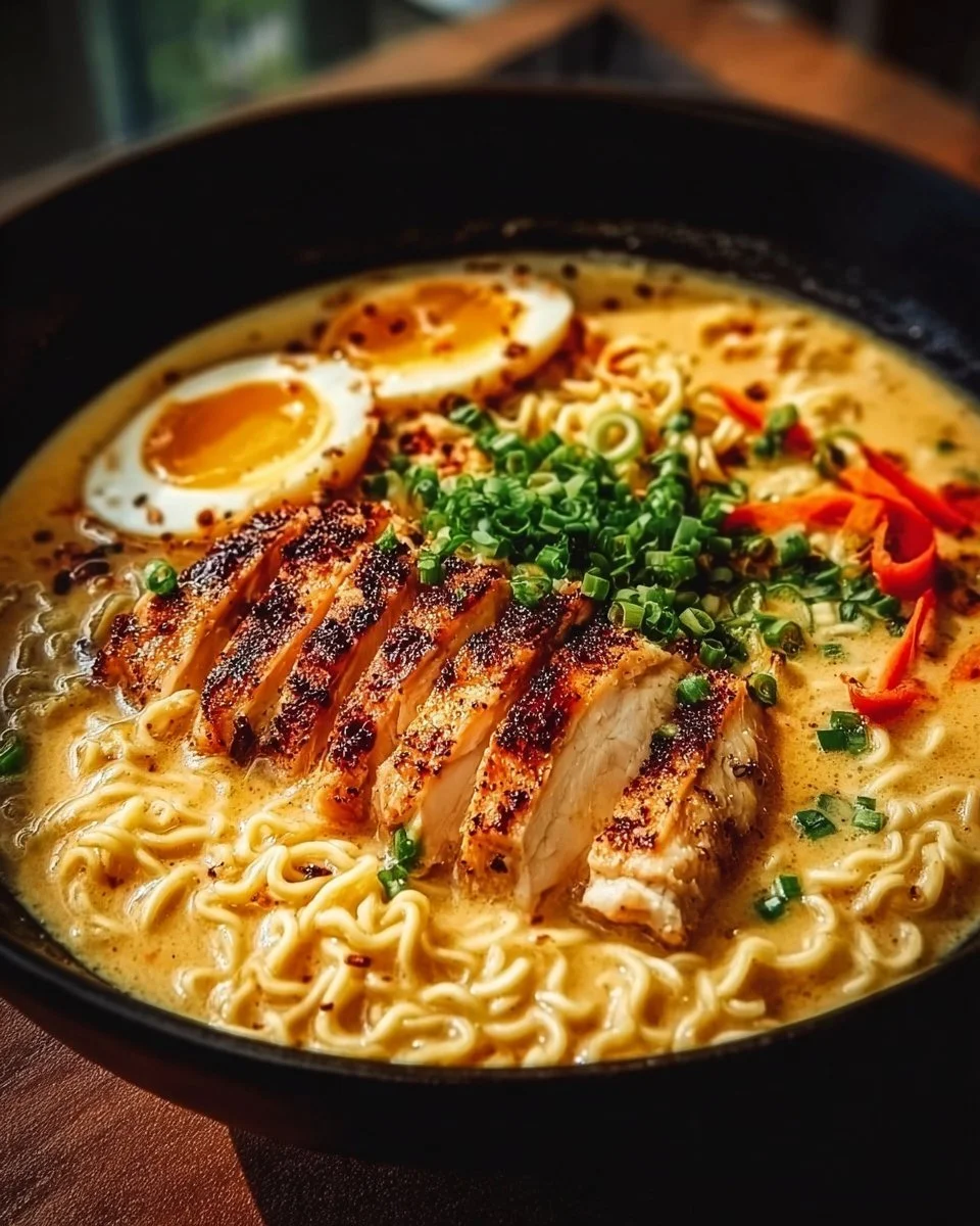 Bowl of creamy garlic chicken ramen topped with green onions and sesame seeds