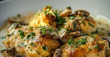 Creamy garlic mushroom chicken thighs served with a side of vegetables