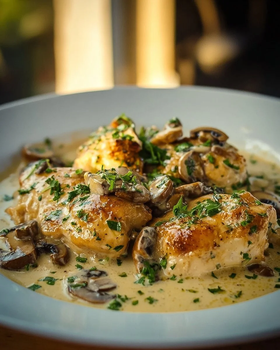 Creamy garlic mushroom chicken thighs served with a side of vegetables