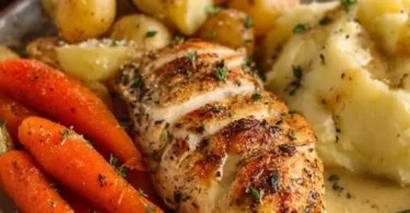 Creamy herb chicken served with roasted potatoes on a platter