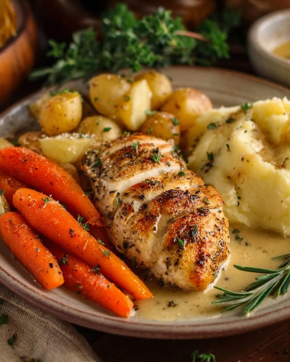 Creamy herb chicken served with roasted potatoes on a platter