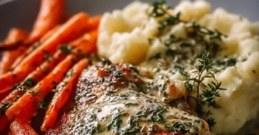 Creamy Herb Chicken with mashed potatoes and honey glazed carrots on a plate