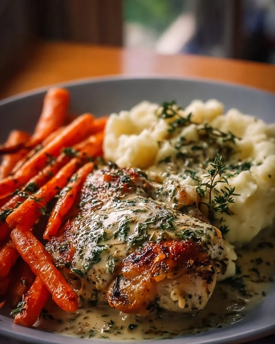 Creamy Herb Chicken with mashed potatoes and honey glazed carrots on a plate