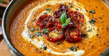 Bowl of creamy roasted garlic tomato soup garnished with fresh basil.