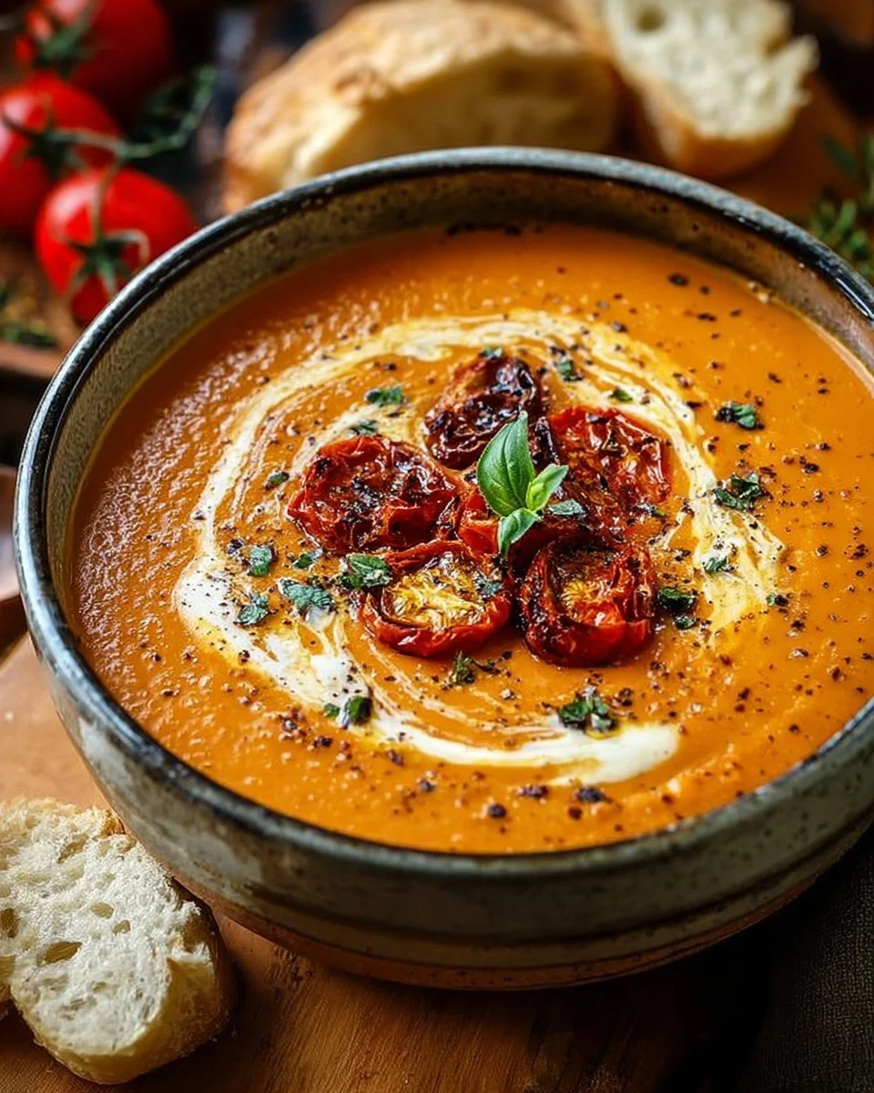 Bowl of creamy roasted garlic tomato soup garnished with fresh basil.