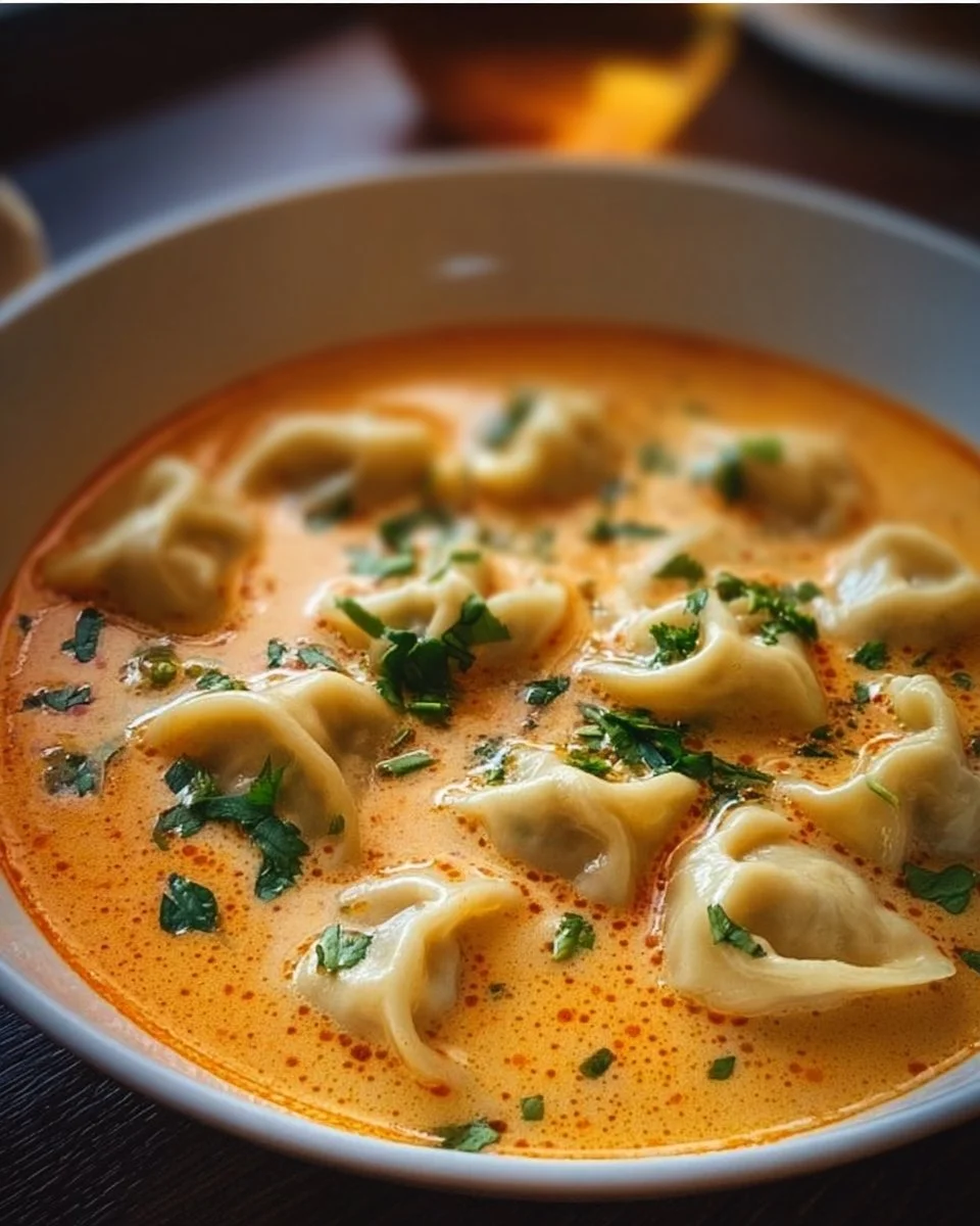 Bowl of creamy Thai Dumpling Soup garnished with fresh herbs and spices